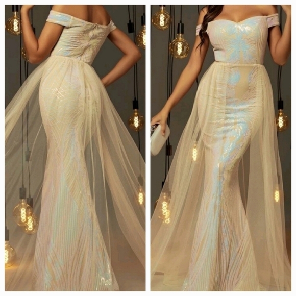 Multicolor off the shoulder Contrast Mesh and Sequined Mermaid Maxi Gown - Picture 1 of 10